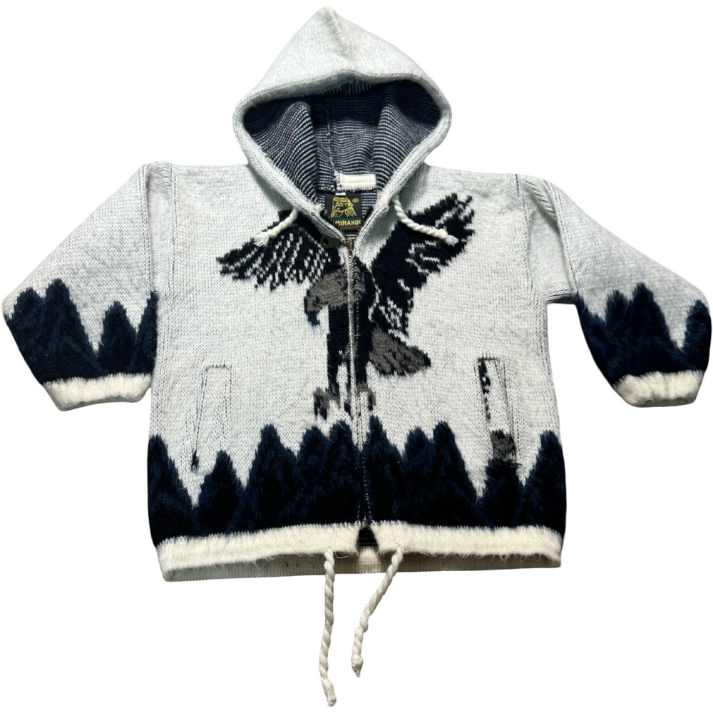 Ruminahui Wool Eagle Hooded Zip Sweater Jacket Gray Blue Kids Sz S Ecuador